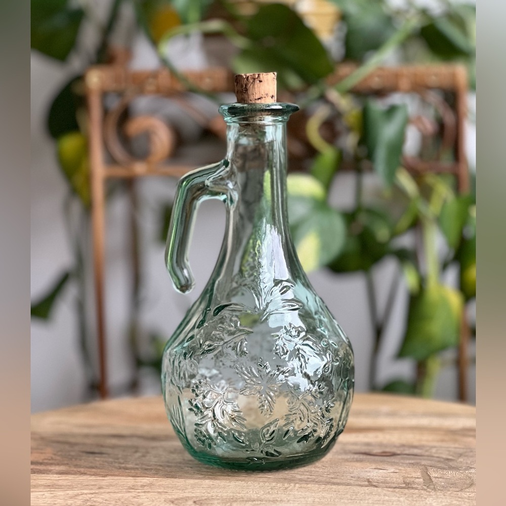 Vintage Canadian Leaf Embossed Glass Carafe with Handle and Stopper